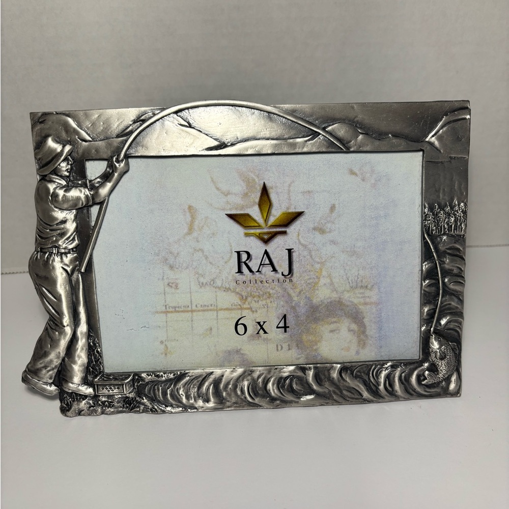 RAJ Fishing Themed Picture Photo Frame Metal Heavy Raised Fisherman Pole Fish